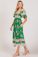 Load image into Gallery viewer, Green Printed Smocked Short Sleeve Midi Dress