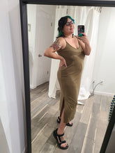 Load image into Gallery viewer, *FINAL SALE* CURVY Olive V-Neck Cami Midi Dress With Side Slits