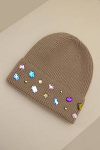 "Shine Bright" Embellished Beanie Hat in Tan