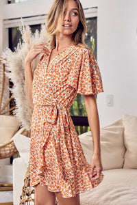 Floral Tied Short Sleeve Mini Wrap Dress in Tangerine [S - XL]