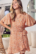 Load image into Gallery viewer, Floral Tied Short Sleeve Mini Wrap Dress in Tangerine [S - XL]