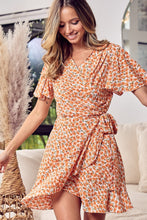 Load image into Gallery viewer, Floral Tied Short Sleeve Mini Wrap Dress in Tangerine [S - XL]