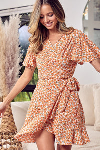 Floral Tied Short Sleeve Mini Wrap Dress in Tangerine [S - XL]