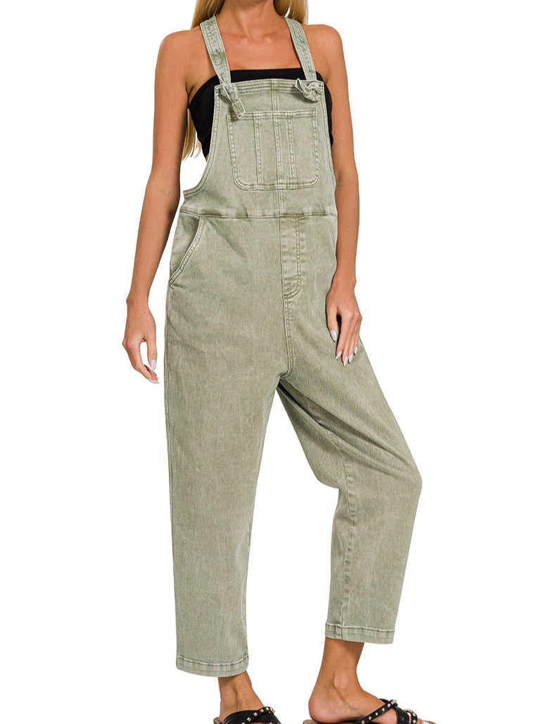 Olive Knot Strap Relaxed Fit Overalls