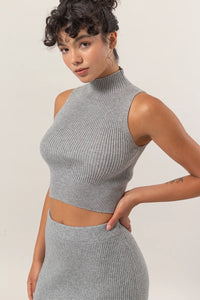 Ribbed High Neck Sleeveless Knit Crop Top