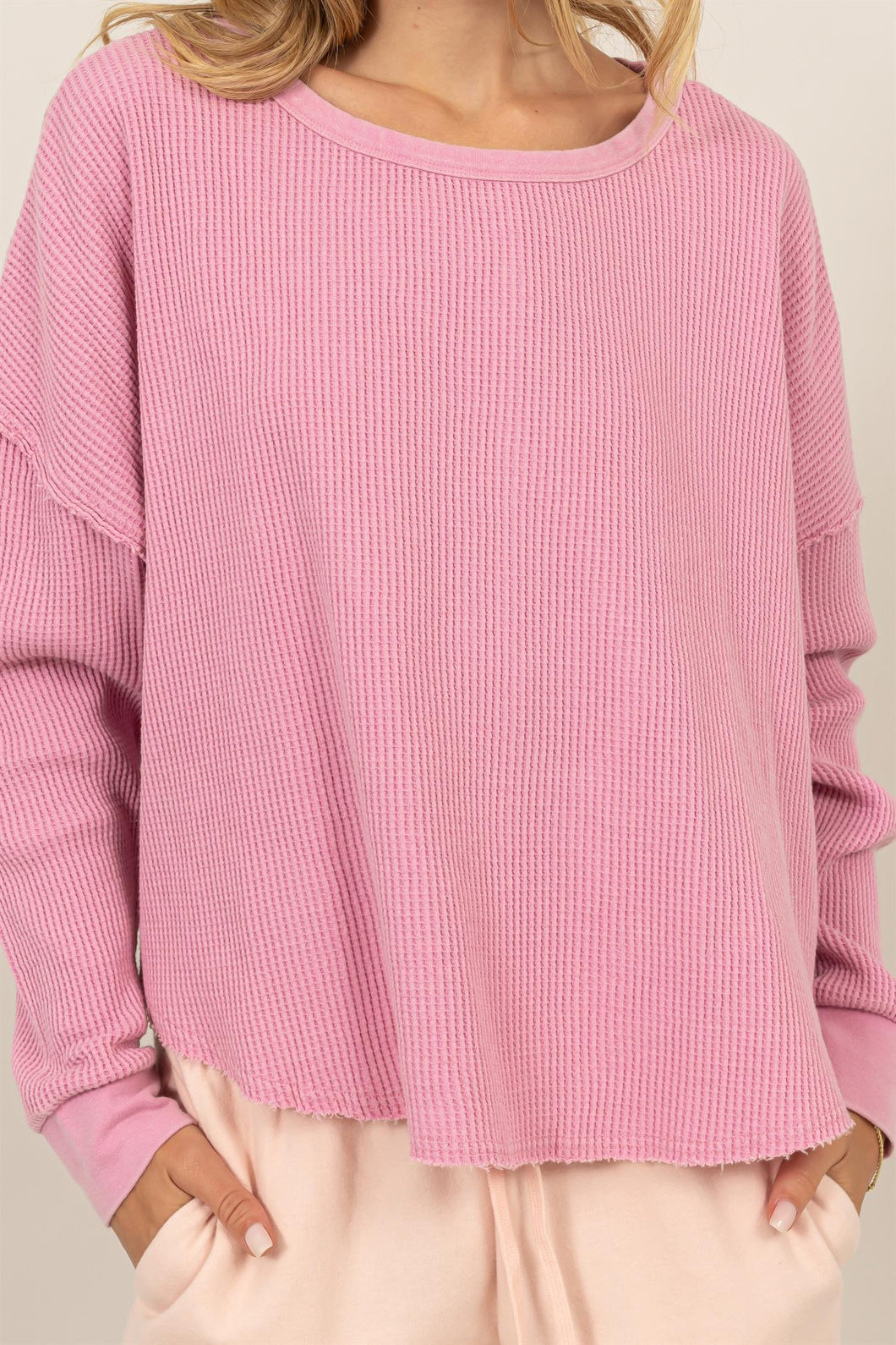 Dropped Shoulder Waffle Knit Top