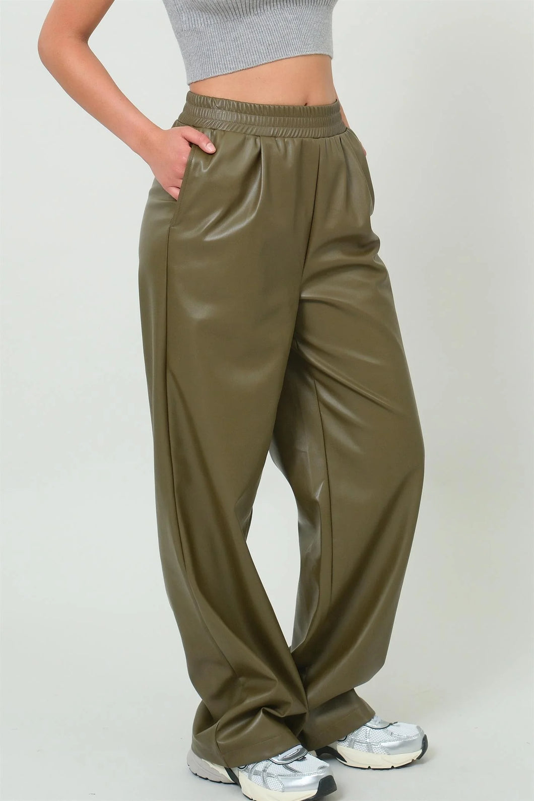 Dark Olive Vegan Leather High Waist Pants