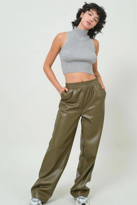 Dark Olive Vegan Leather High Waist Pants