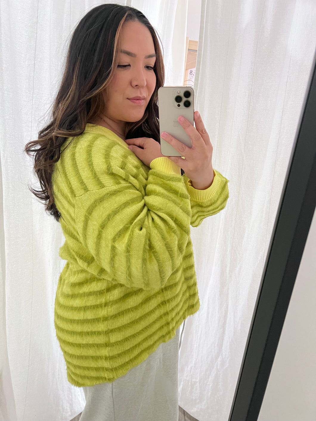 Lime V-Neck Fuzzy Sweater