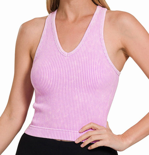 Ribbed Racerback Cropped Tank with Built-In Bra