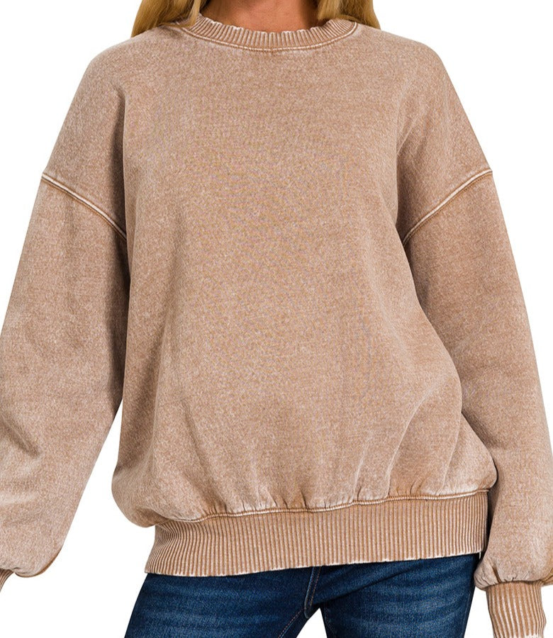 Camel Acid Wash Cozy Fleece Pullover