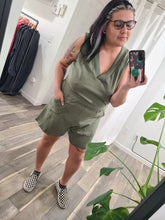 Load image into Gallery viewer, *FINAL SALE* Olive Sleeveless V-Neck Romper with Pockets