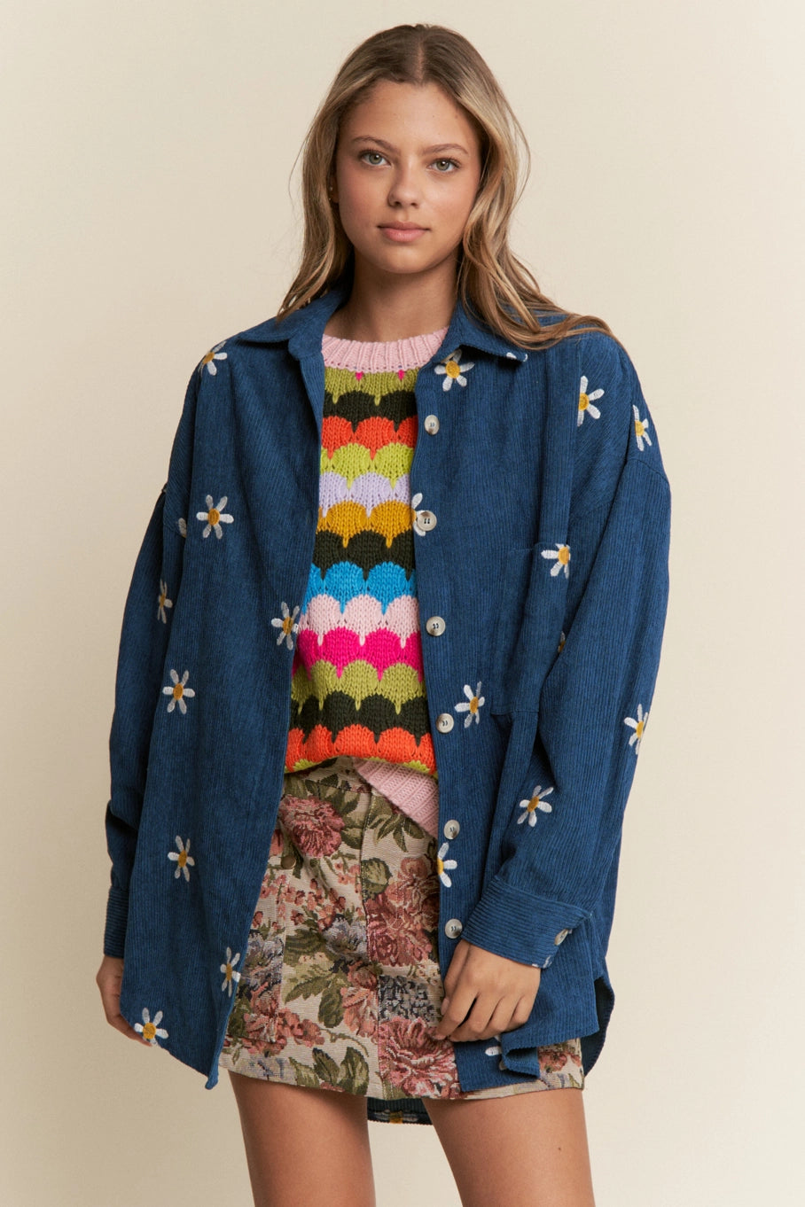 Floral Embroidered Corduroy Shacket