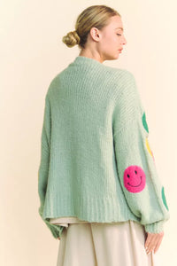 Sage Fuzzy Smiley Cardigan