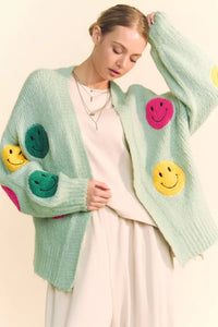 Sage Fuzzy Smiley Cardigan