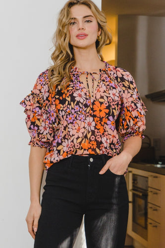 Floral Tie Neck Ruffled Blouse [S - 3X]