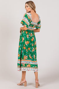 Green Printed Smocked Short Sleeve Midi Dress
