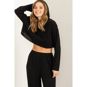 Ribbed Knit Cropped Hoodie and Pants Lounge Set