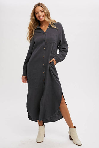 Button Up Maxi Shirt-Dress with Pockets