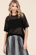 Load image into Gallery viewer, Round Neck Drop Shoulder Mesh Glitter Top