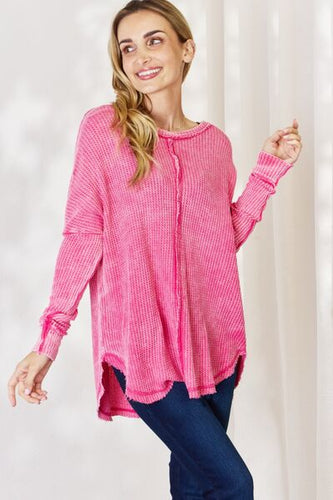 Oversized Washed Waffle Long Sleeve Top